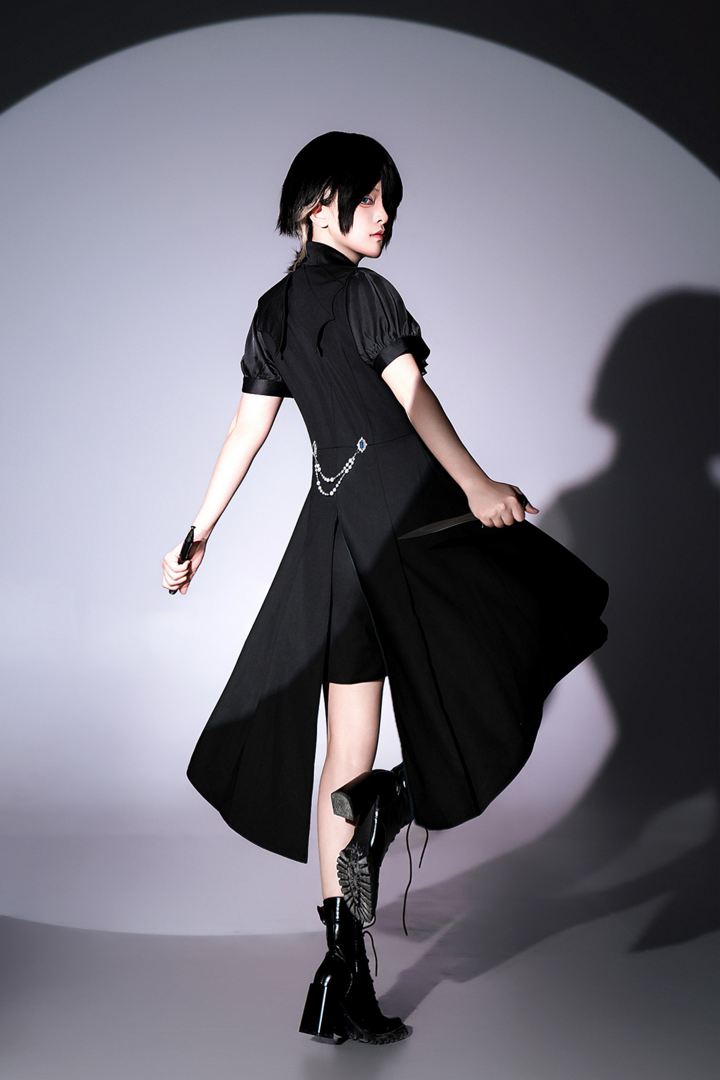 Dark mode asymmetrical jacket + dress + pants