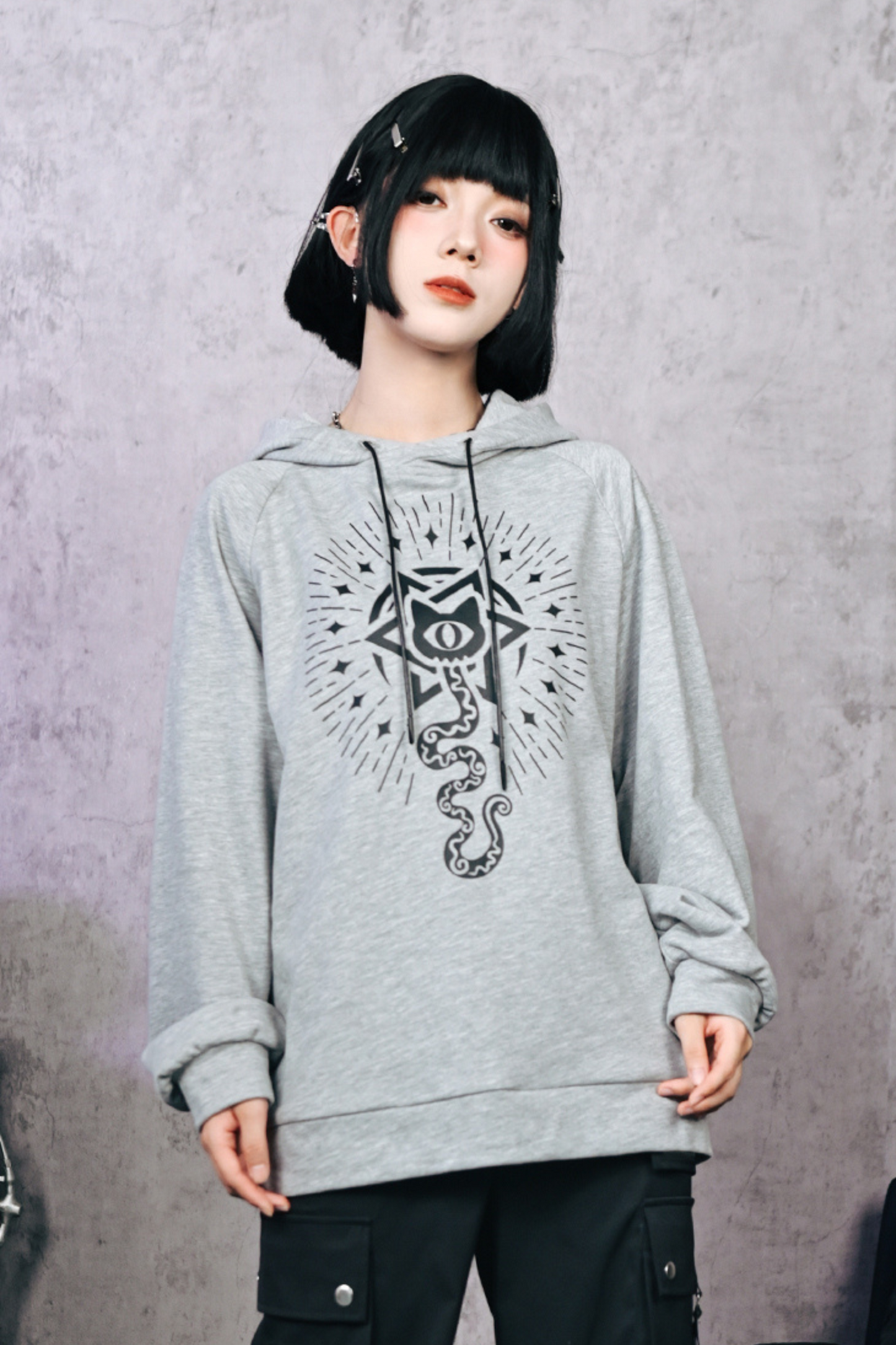 Gray Hooded Trendy Style Casual Top