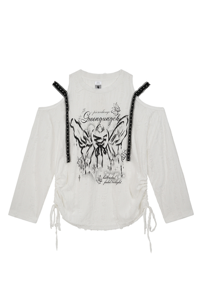 Butterfly Print Strap Off-the-shoulder Top