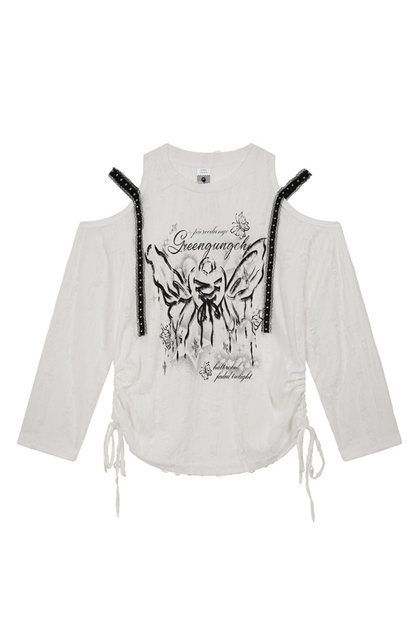 Butterfly Print Strap Off-the-shoulder Top