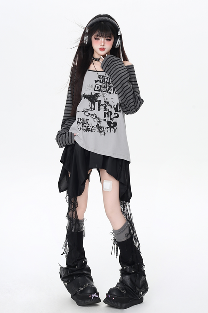 サブカルチャーストライプルーズトップス