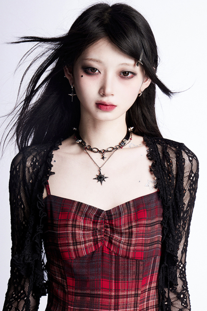 チェックハルタードレス＋シアーカーディガン