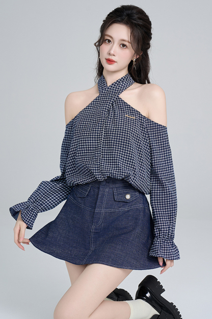 Chemise bustier à carreaux + jupe en jean