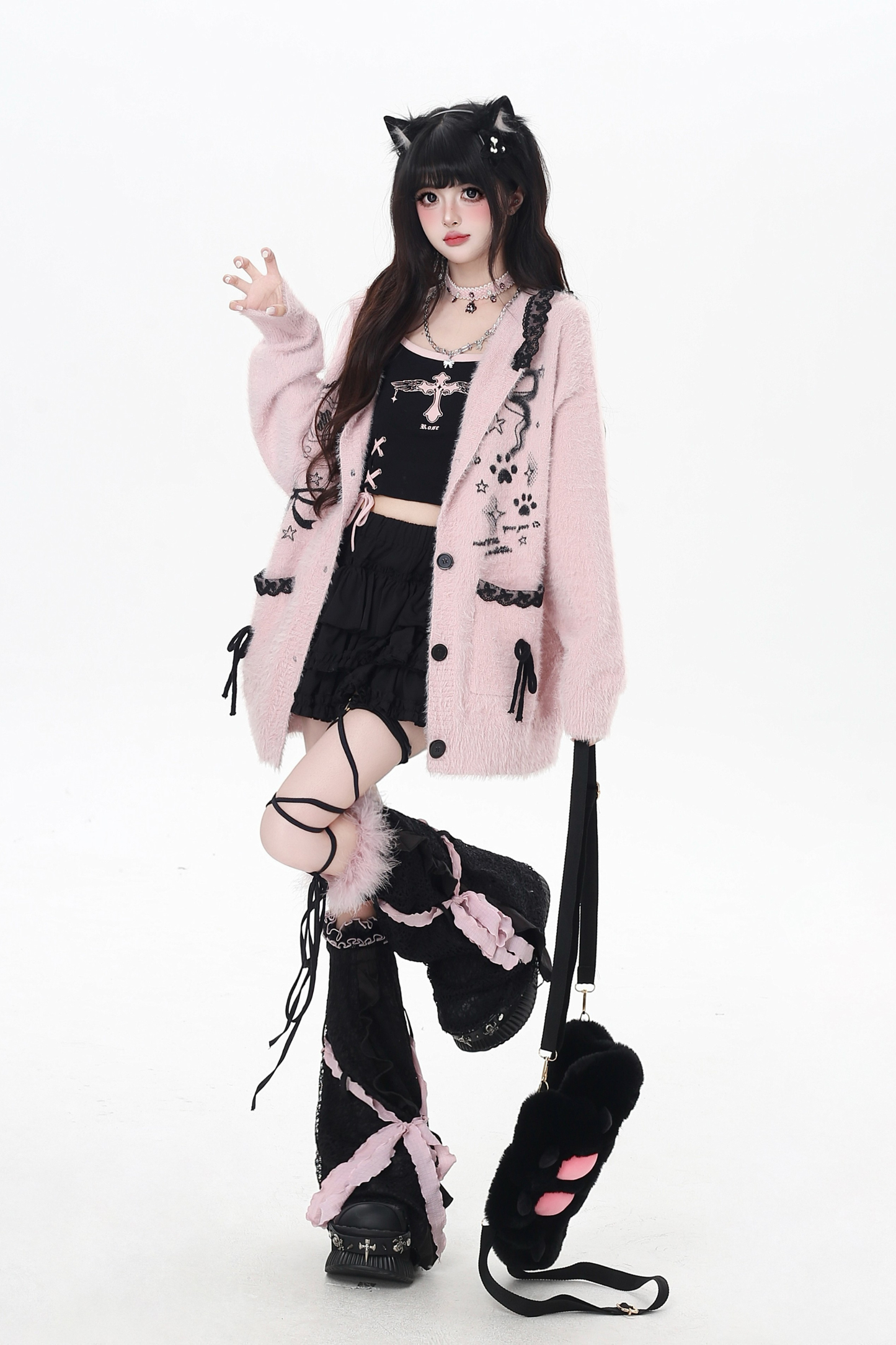 Lace hooded cardigan with rabbit ears