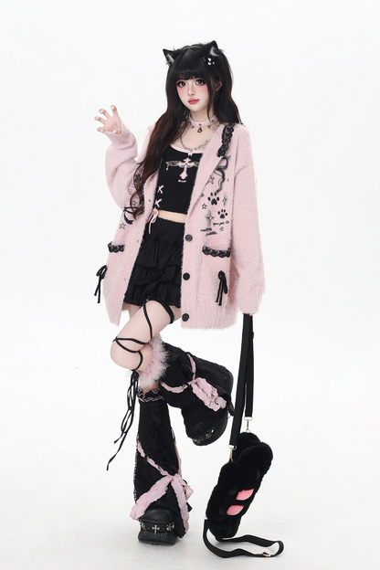 Lace hooded cardigan with rabbit ears