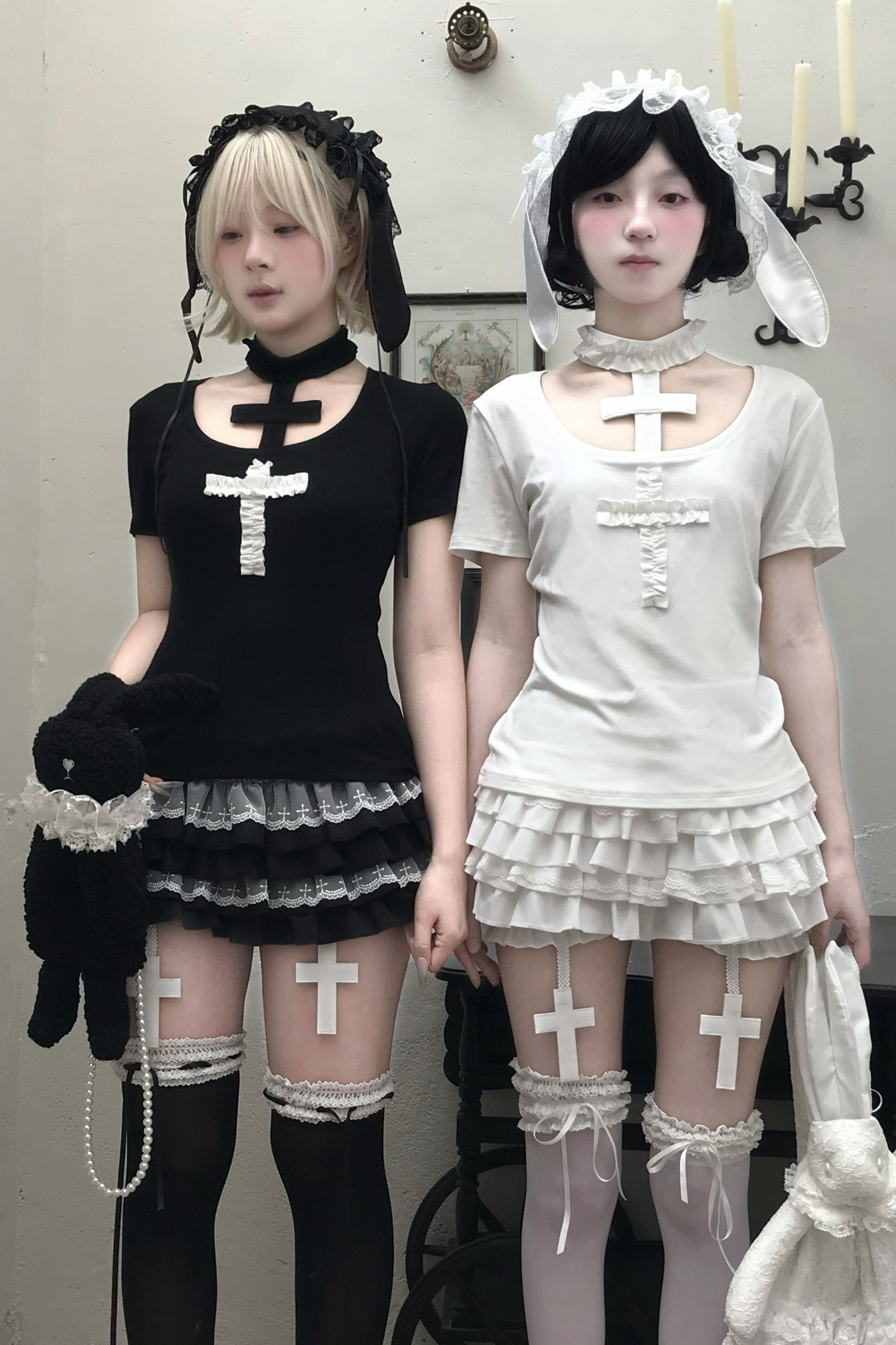 Gothic-Stil Kreuz-T-Shirt + Kreuzkragen + Kürbishose