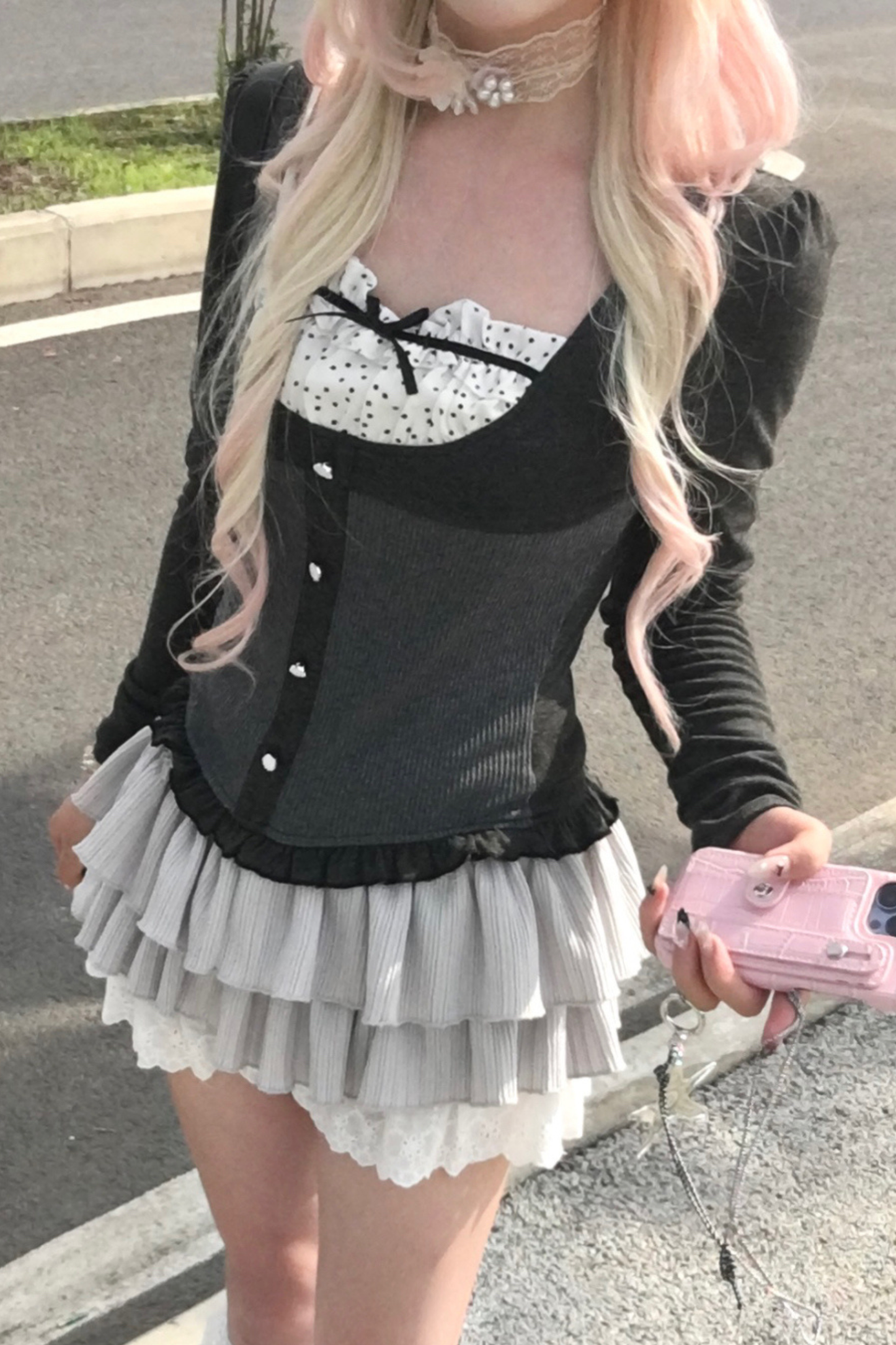 スリムリボンドットスリムトップス+ケーキスカート