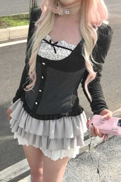 スリムリボンドットスリムトップス+ケーキスカート