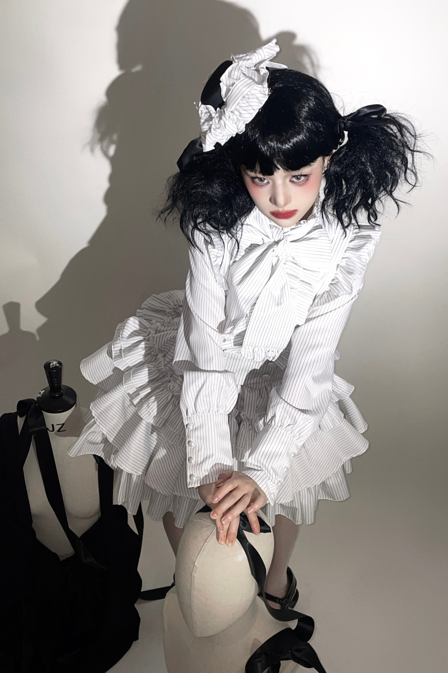 ストライプゴシックロリータシャツ+ケーキスカート
