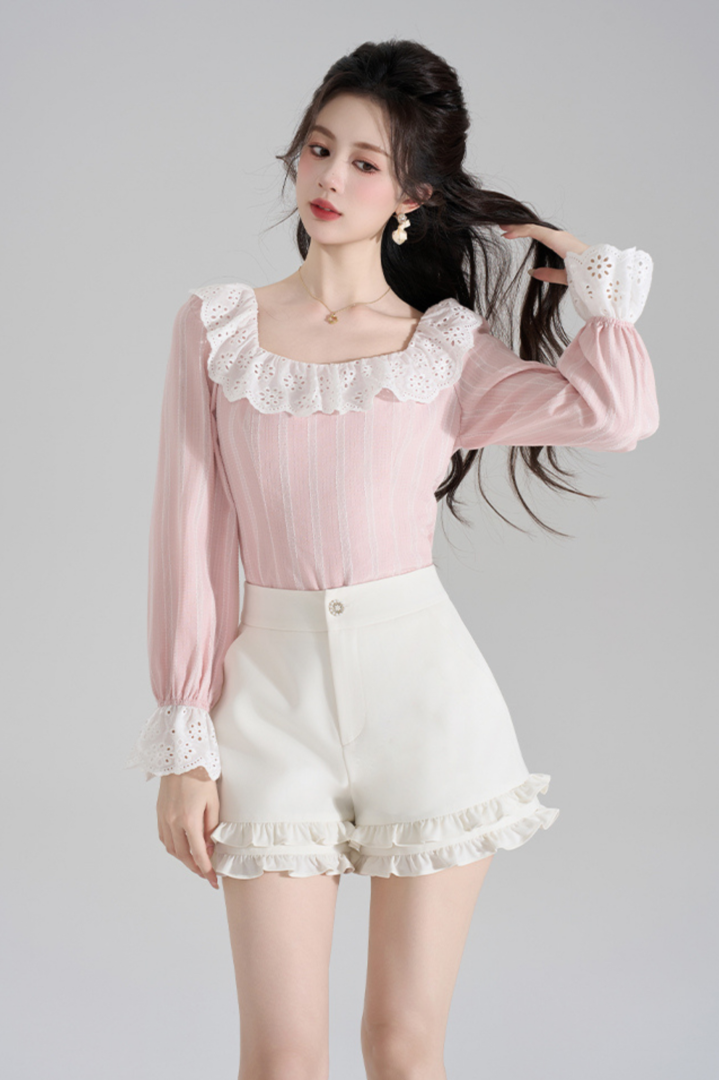 Pink Striped Lace Trim Blouse + Ruffled Shorts