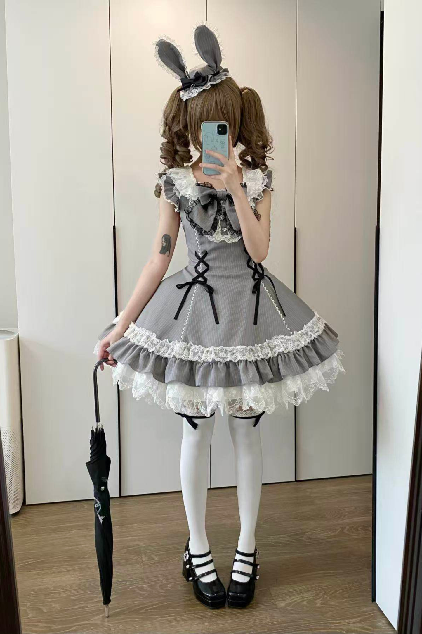 スイートロリータストライプジャンパースカートス+ラビットハット