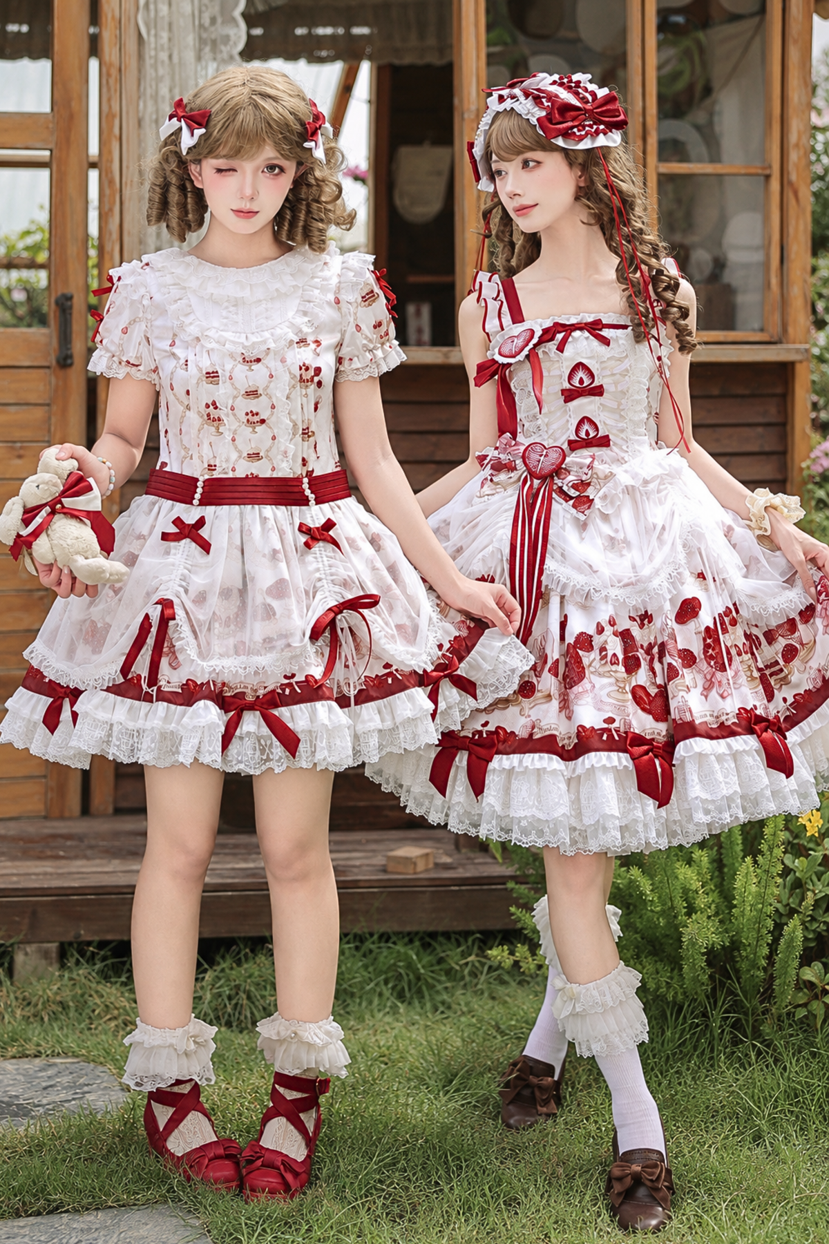 【11月4日予約締切】Strawberry Print Sweet Lolita Lace Bow JSK Dress + Puff Sleeve Lace Bow Doll Dress with Bone Embroidery Apron