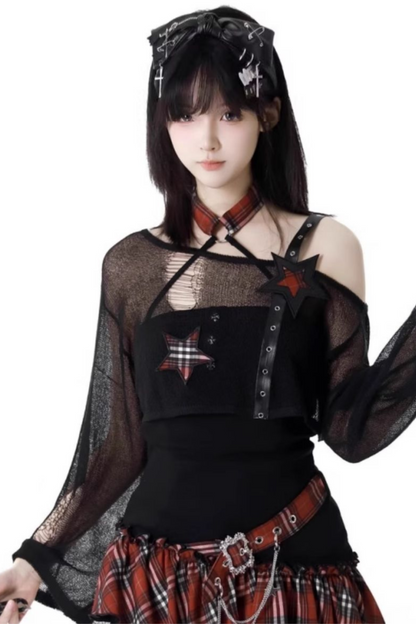 ロックシックチェックドレス＋ワンショルダーショートトップス＋ショートパンツ