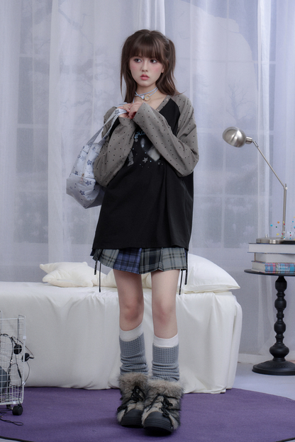 キャットプリントダークラグランロングスリーブトップス