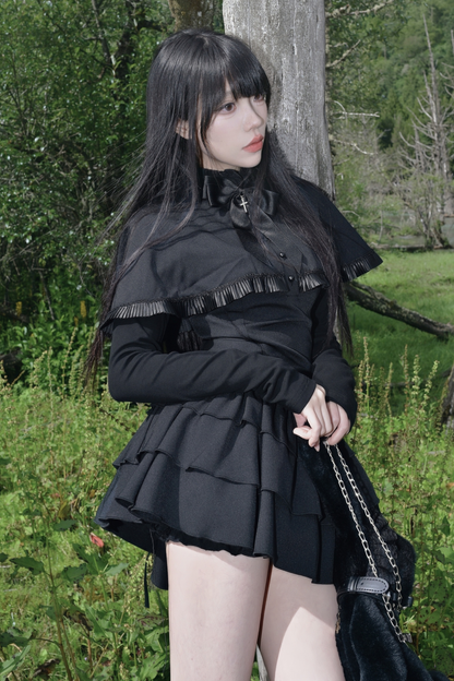 Ruffled Cape Design Low Rise Lace Dress