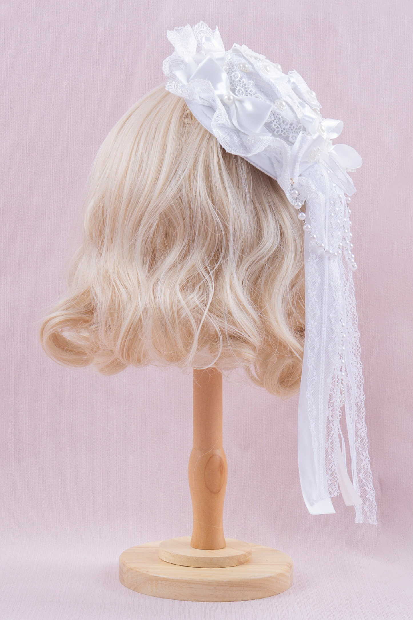 ホワイトレースブライダルスタイルボンネット+ヘアバンド+クリップ+スリーブ