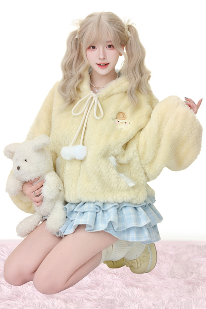 カスタードプリンイエロープラッシュジャケット+ブルーチェックケーキスカート