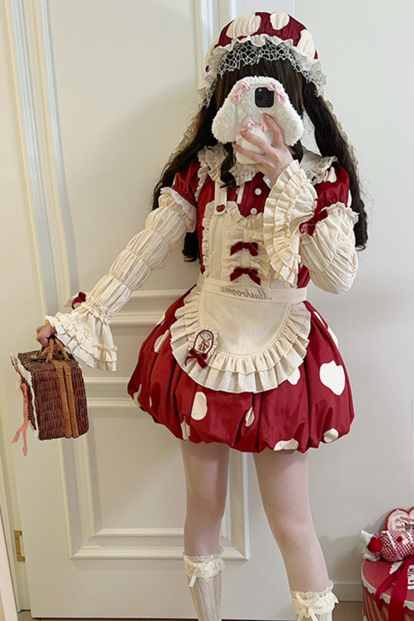 キノコドールワンピース+リボンフリルエプロン+フリルスリーブ+うさ耳ハット