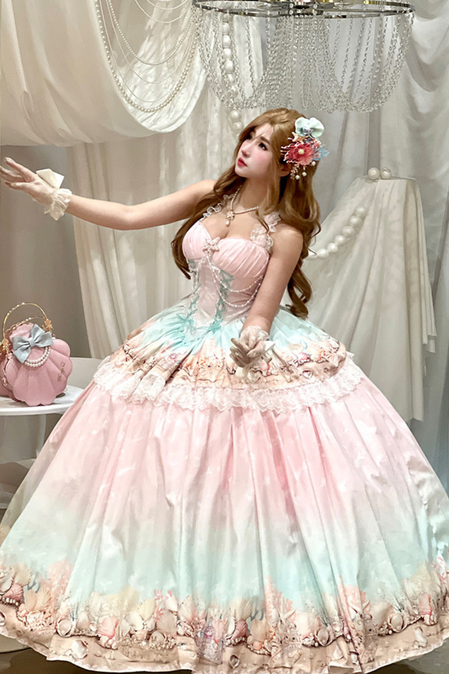 グラデーションバブルハルターネックフレンチドレス+スカート