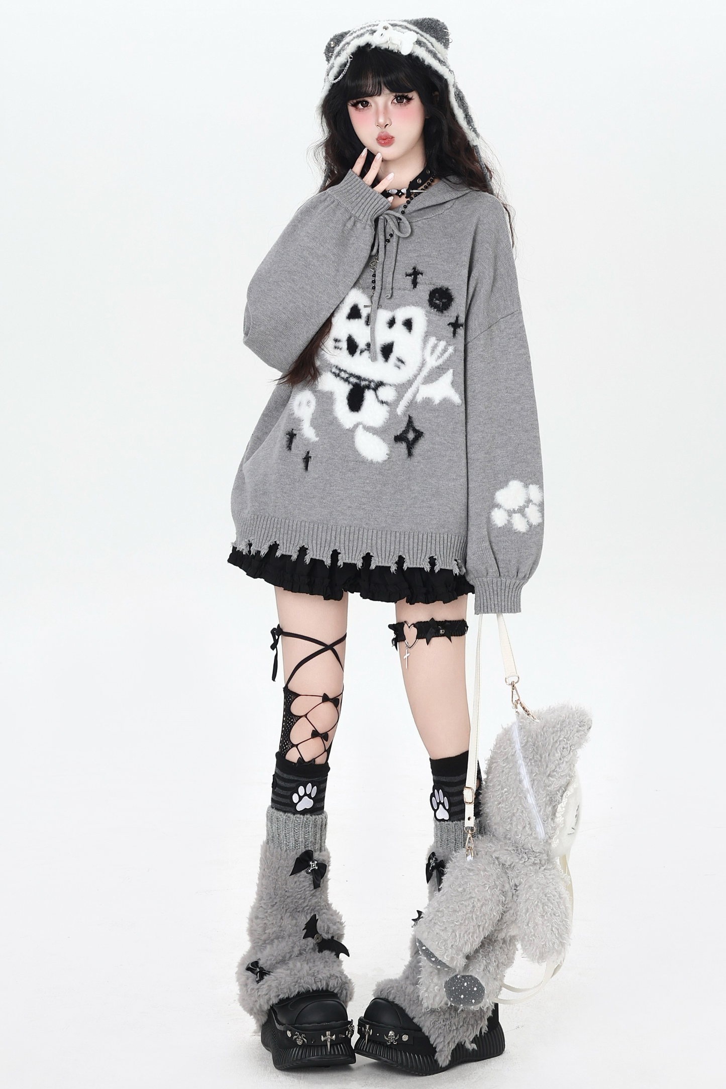 ナイトダークキャットルーズフードニット