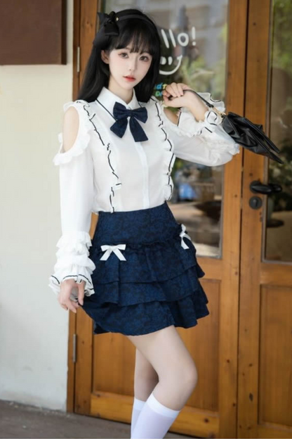 レースオフショルダーシャツ+スリミングショートスカート