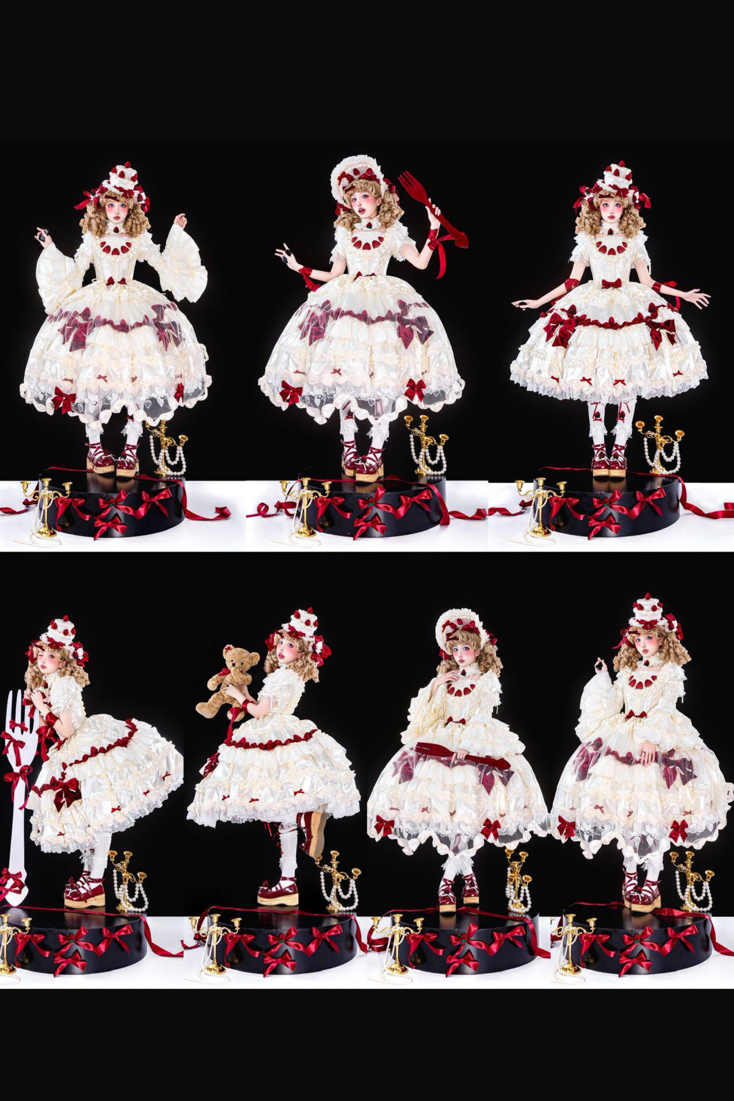 [3월 13일 예약마감] 스트로베리 크림 롤리타 원피스 + 케이크 모자 + 꼬리 + 보닛 + 페티코트