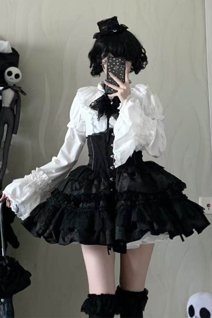 ゴシックフィッシュボーンスカート+シャツ+リボンカラー