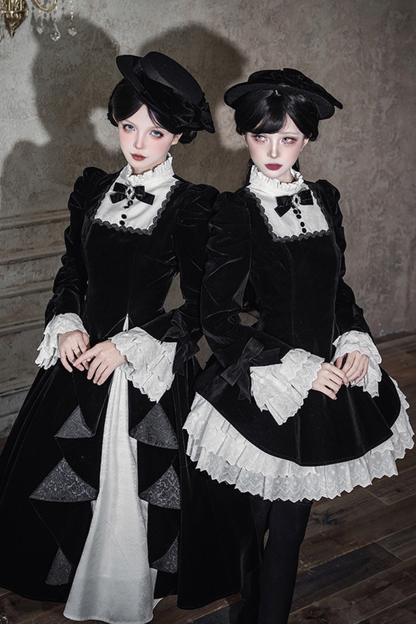 エレガントスリムコントラストカラーツインドレス+カラー+リボン+ブローチ+ハット