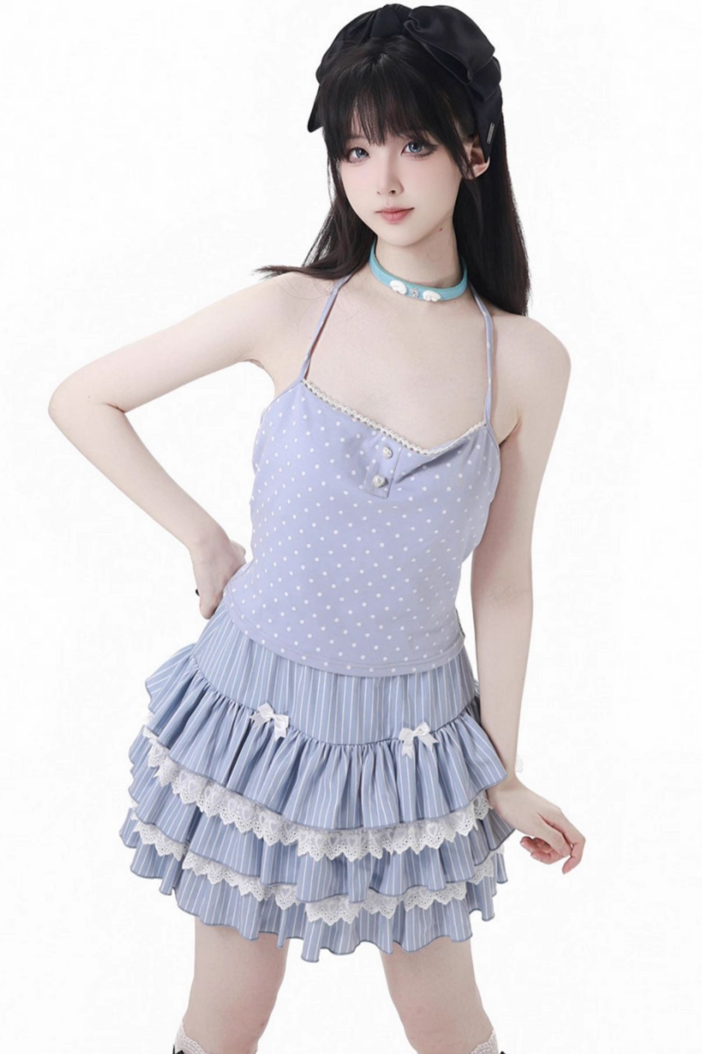 スモックサスペンダー+ドールカラートップス+ケーキスカート