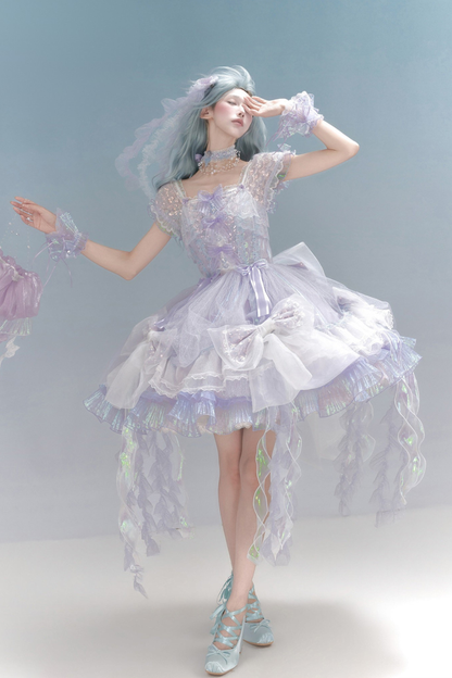 [Reservierungsschluss 1. August] Blau/Weiß/Lila Quallen-Feen-Lolita-Kleid mit Schleifen und Aurora-Schleppe