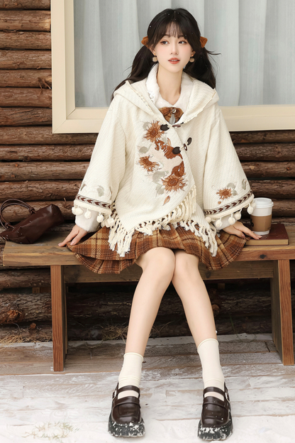 Retro Flower Design Cloak + Check Skirt + Shirt