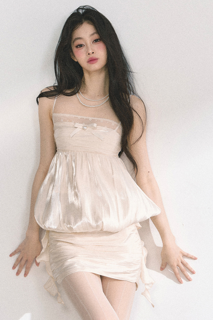 クリームロールノースリーブトップス+タイトスカート