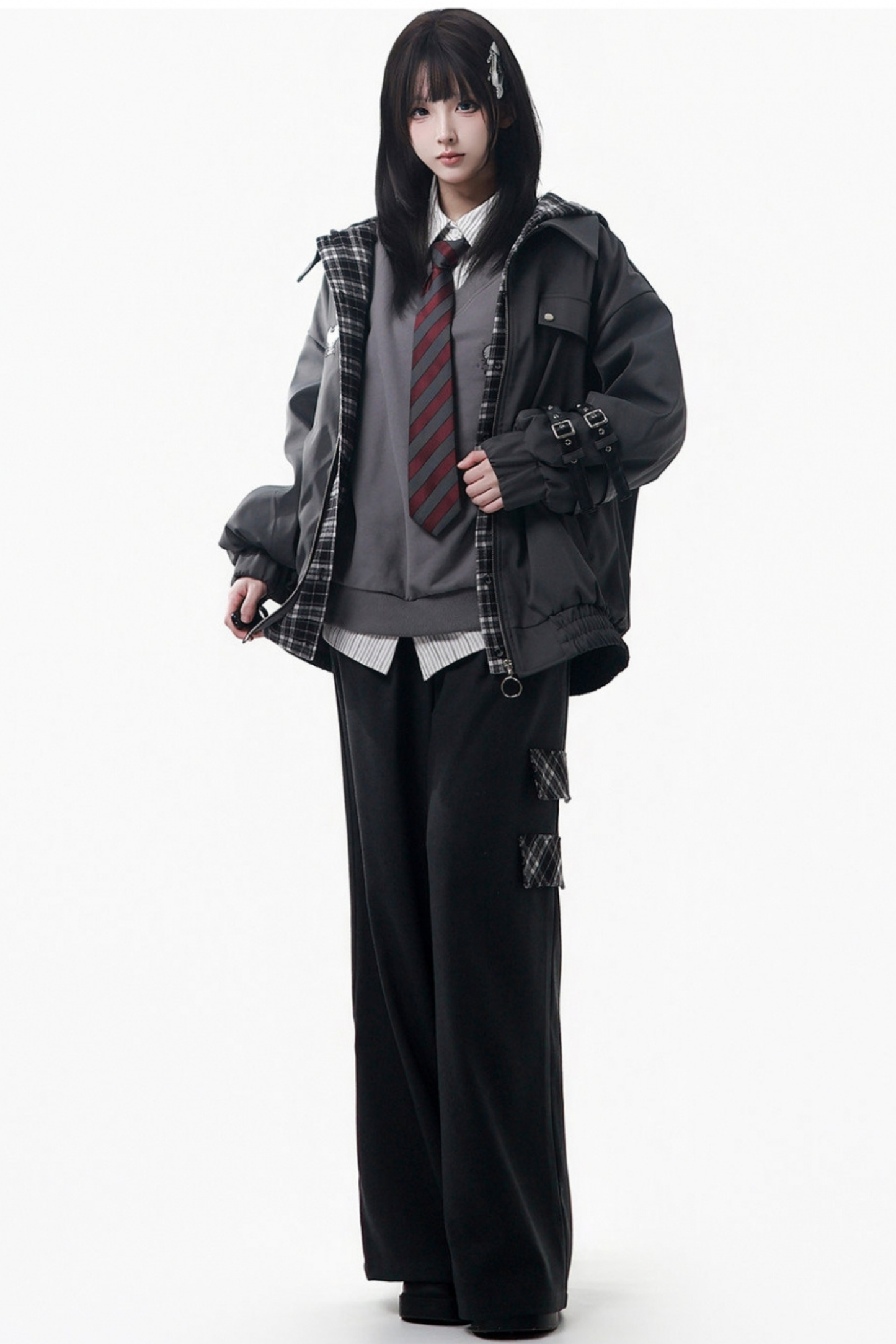 ビッグファーカラージャケット+トップス+スカート+パンツ+チェックフードジャケット
