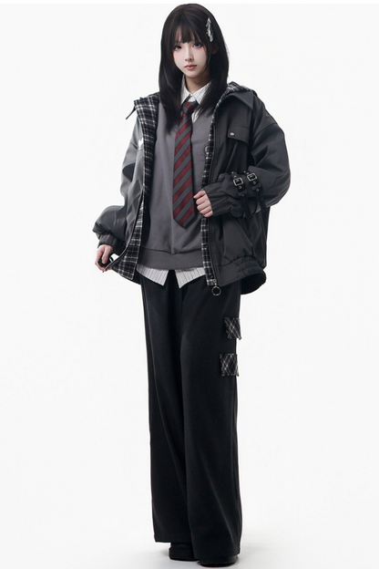 ビッグファーカラージャケット+トップス+スカート+パンツ+チェックフードジャケット