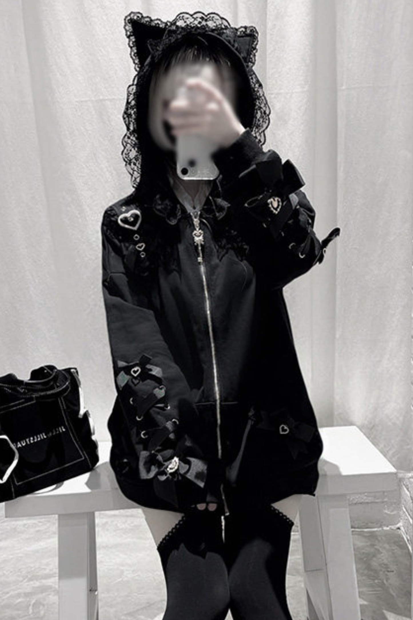 Dark-Herz-Katzen-Kapuzenjacke mit lockerem Reißverschluss