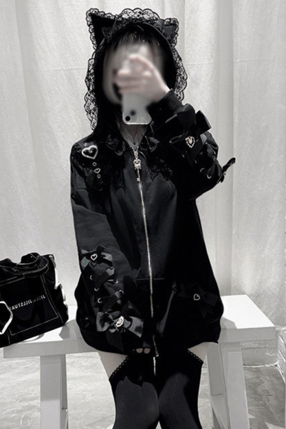 Dark-Herz-Katzen-Kapuzenjacke mit lockerem Reißverschluss