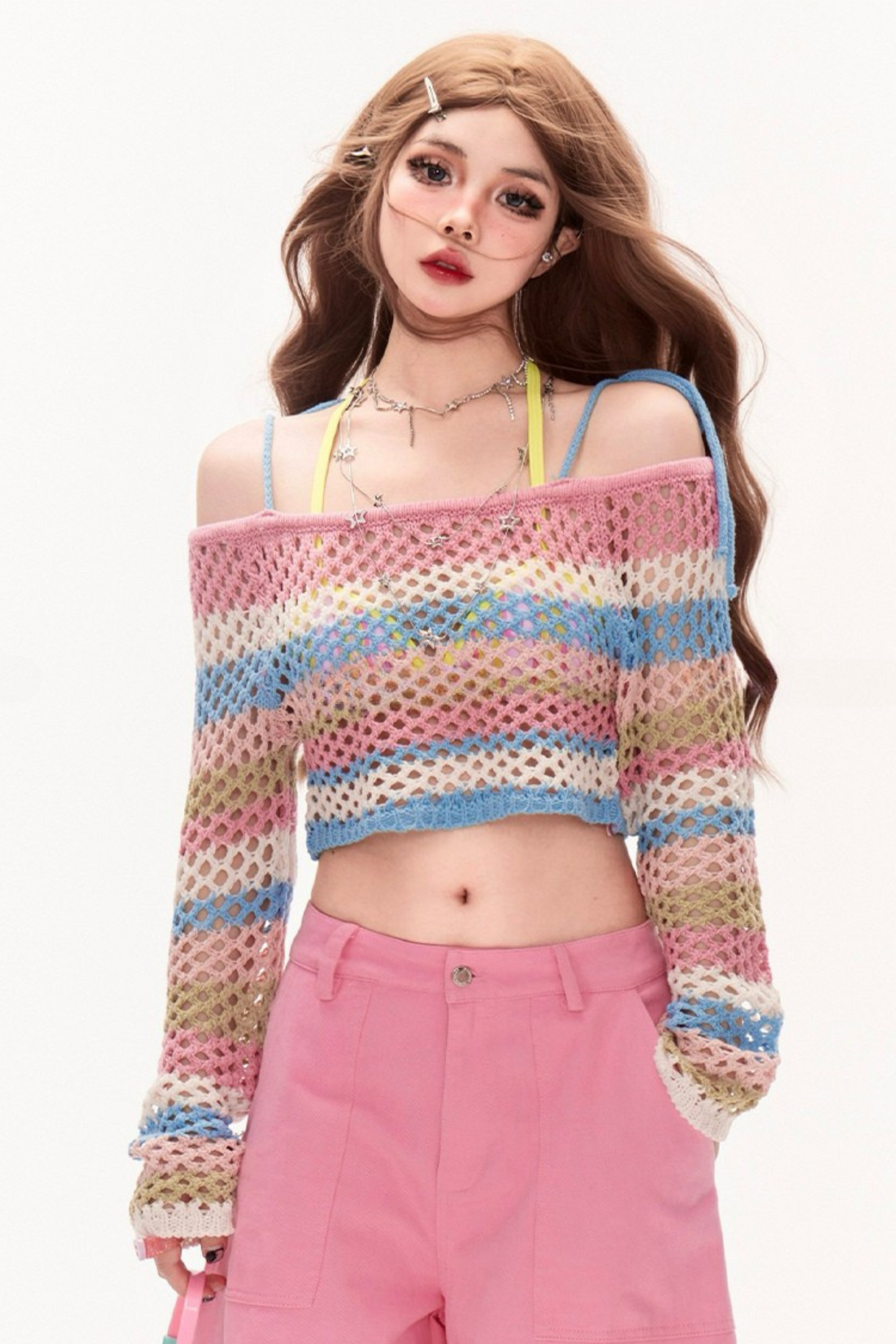 ピーチボーダーオフショルダーニット