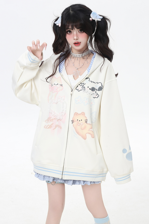 Animal Illustration Loose Zip Hoodie