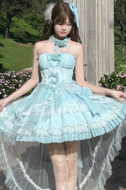 Flower Tube Top Lolita Dress + Sleeve + Head Accessories