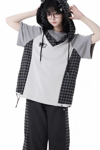チェックショートトップス+チェックパンツ+フードトップス