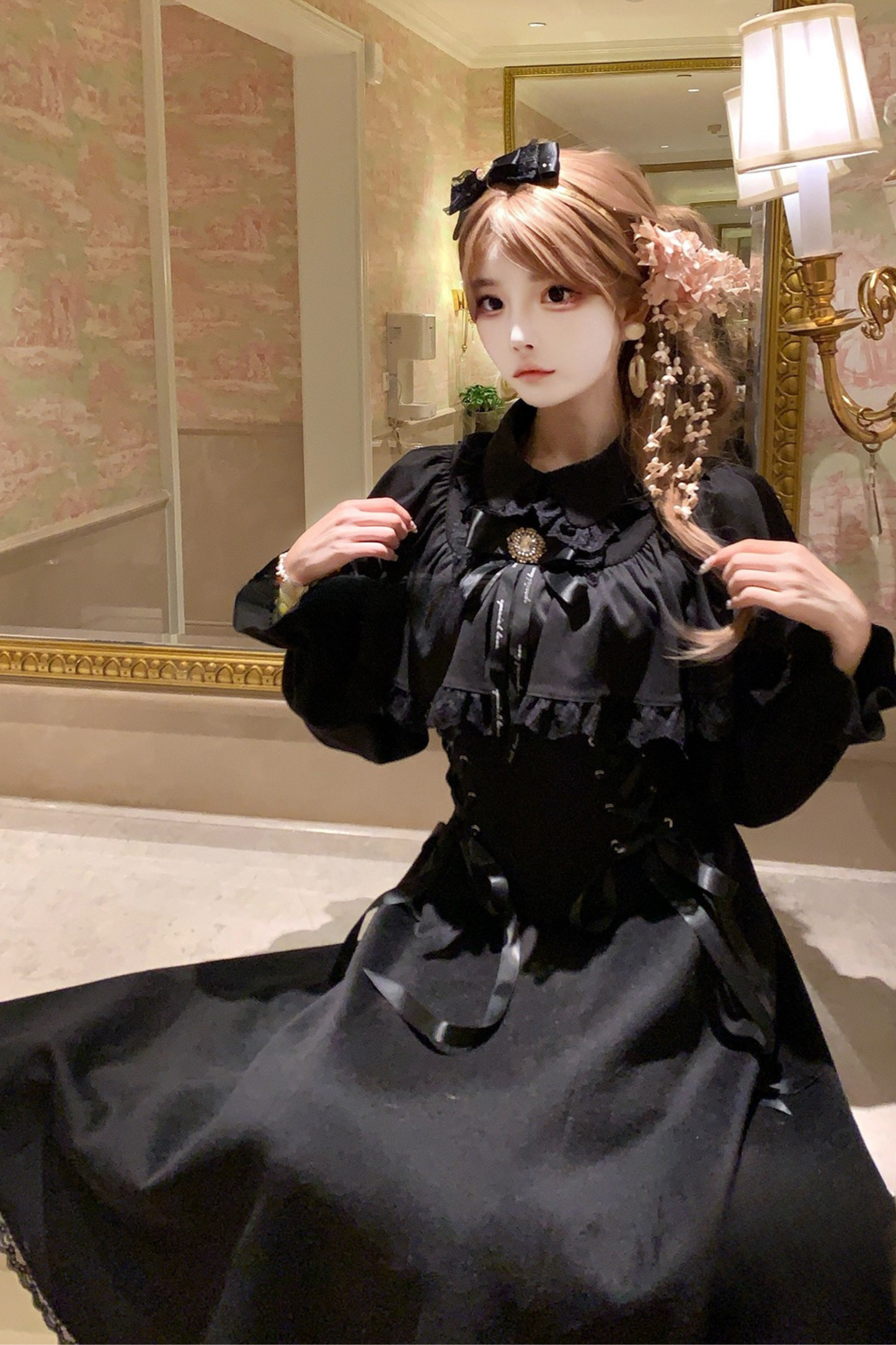 Lace-up Long Flared Cape Dress