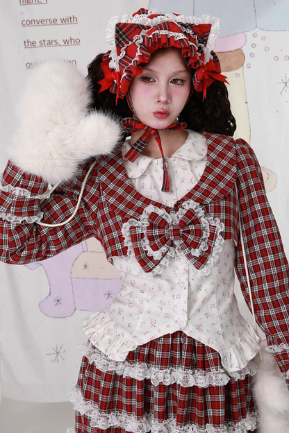 レトロチェックレースリボンショートジャケット