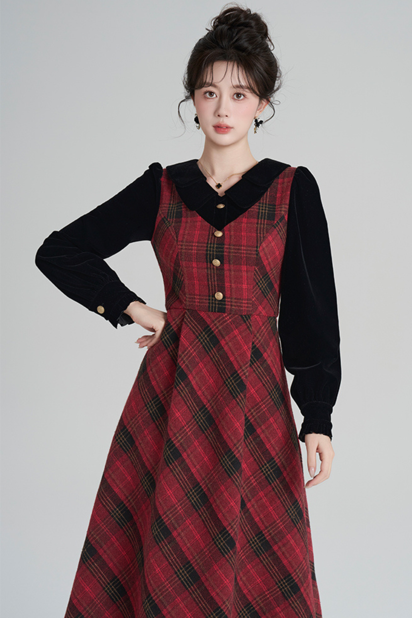 レッドレトロチェックツイードドレス