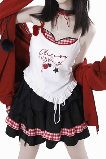 チェリーウィンドフードパーカー+キャミソール+スカート