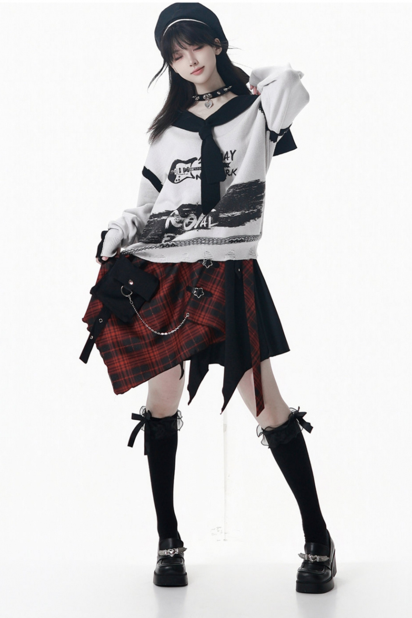 Dark Loose Sweater + Checked Asymmetrical Skirt