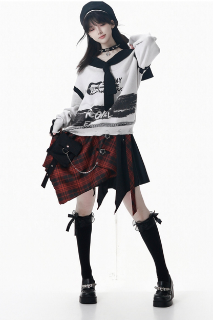 Dark Loose Sweater + Checked Asymmetrical Skirt