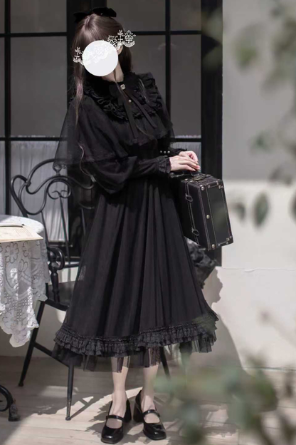 ダークエレガントブラックドットガーゼショールドレス