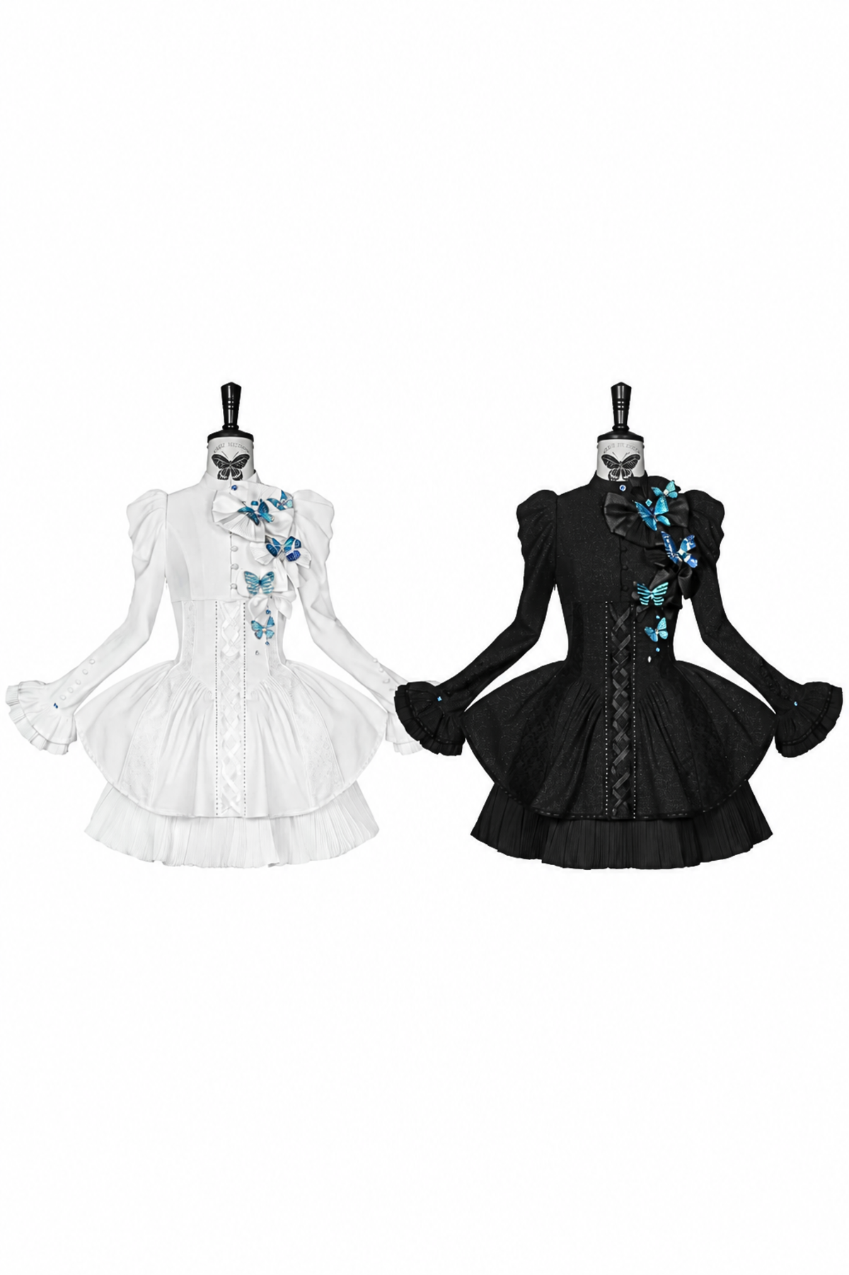 [Reservierungsschluss 14. Oktober] Schwarz-weißes Gothic-Lolita-Minikleid mit Schmetterlingsschleife, Bandkragen und Schnürung am Rücken