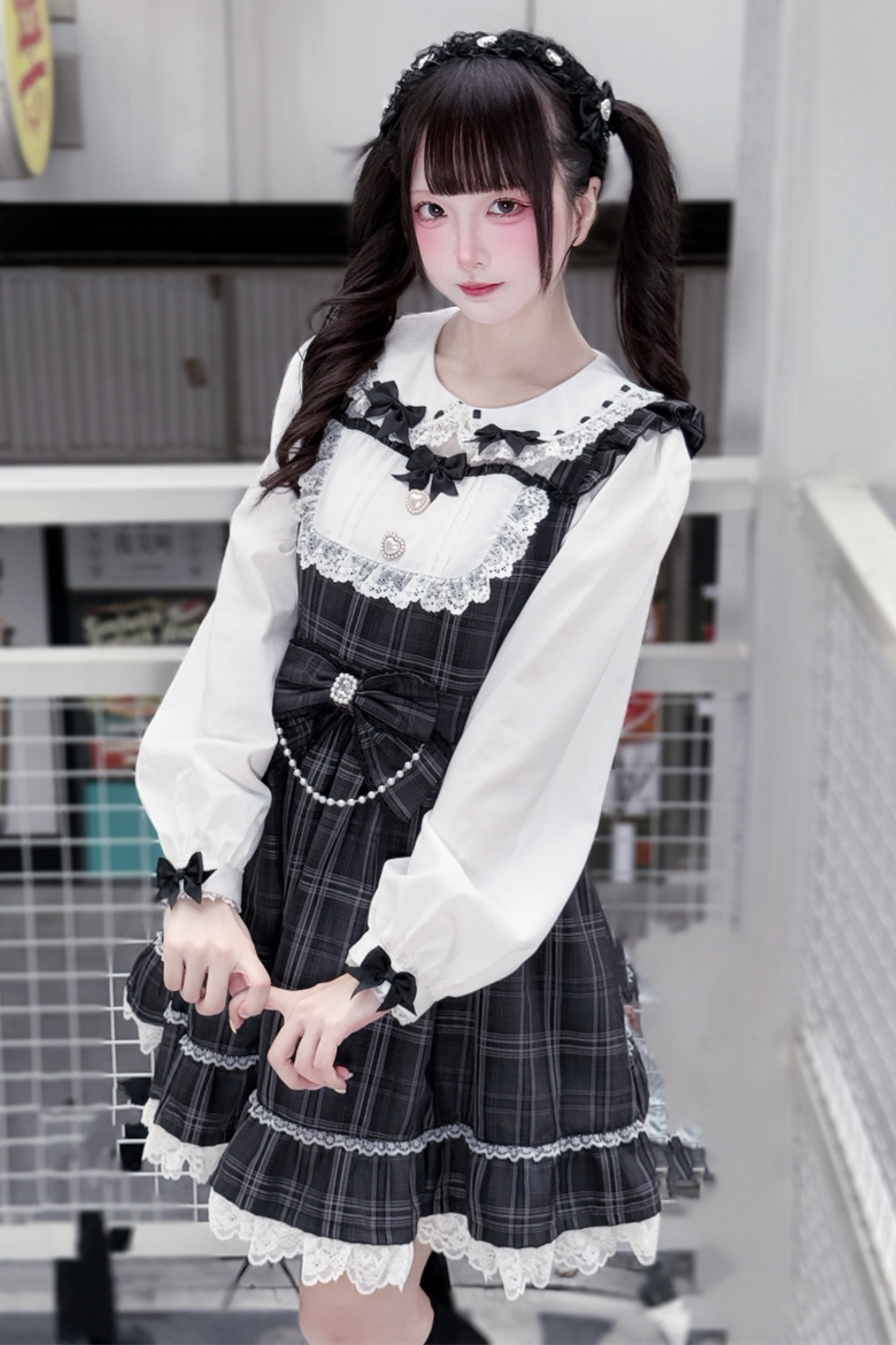 다크 스위트 걸리 체크 원피스 + 머리띠