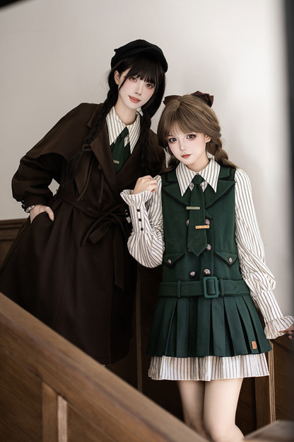 Baker Street Cloak Coat + Striped Dress + Pumpkin Pants + Hat